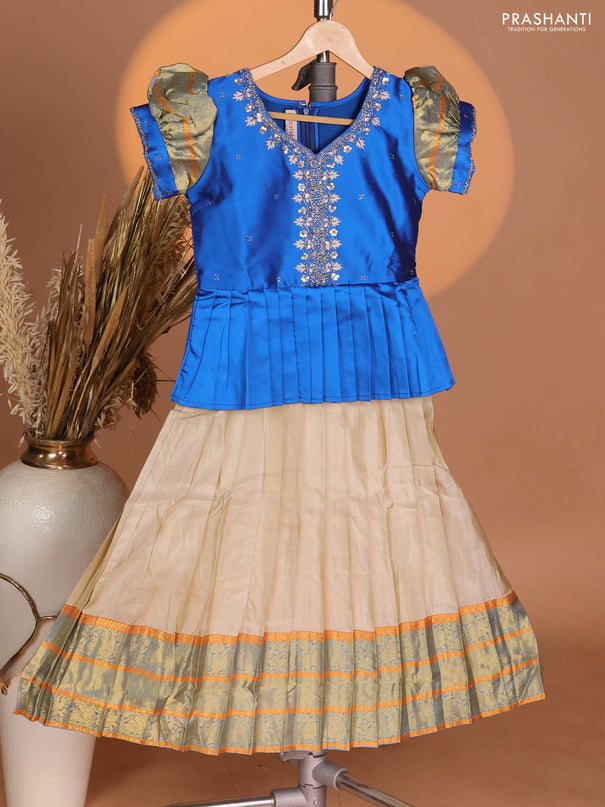 Silk kids lehenga cs blue and beige with aari work neck pattern & puff sleeve and zari woven border
