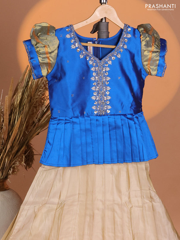 Silk kids lehenga cs blue and beige with aari work neck pattern & puff sleeve and zari woven border
