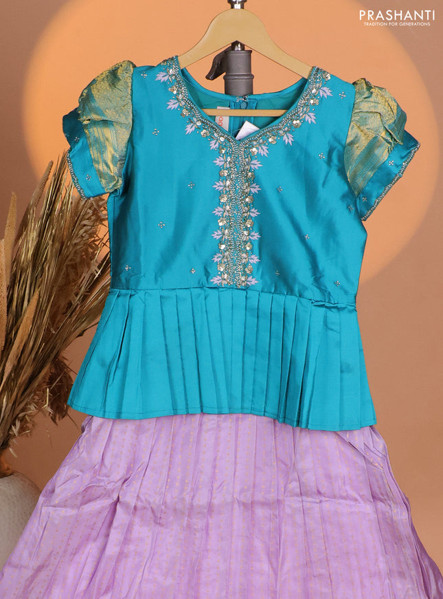 Silk kids lehenga teal blue shade and lavender with aari work neck pattern & puff sleeve and allover zari buttas & zari woven border
