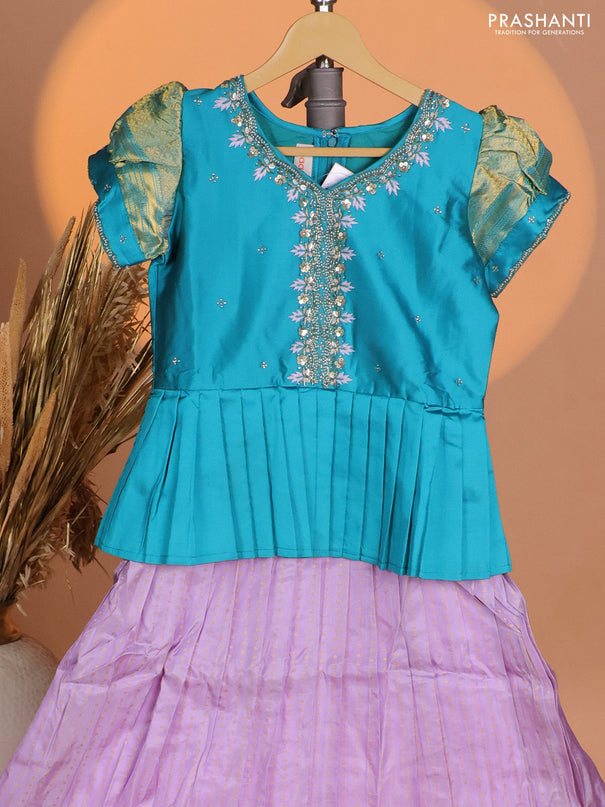 Silk kids lehenga teal blue shade and lavender with aari work neck pattern & puff sleeve and allover zari buttas & zari woven border