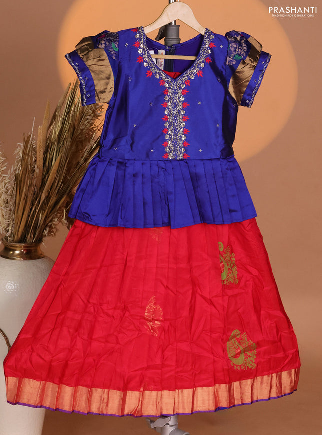 Silk kids lehenga blue and red with aari work neck pattern & puff sleeve and buttas & zari woven border
