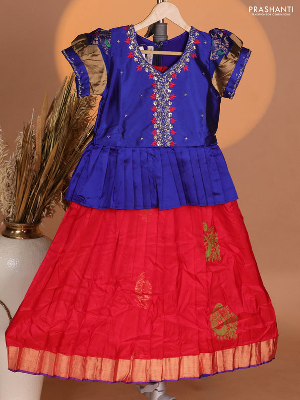 Silk kids lehenga blue and red with aari work neck pattern & puff sleeve and buttas & zari woven border