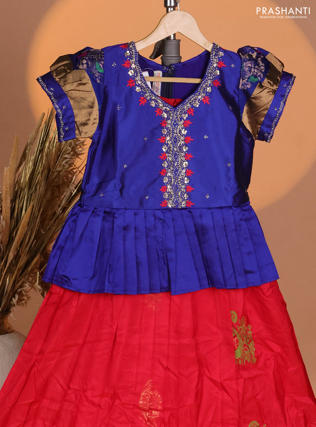 Silk kids lehenga blue and red with aari work neck pattern & puff sleeve and buttas & zari woven border