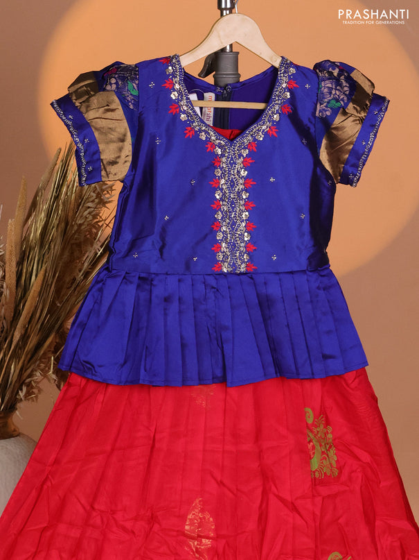 Silk kids lehenga blue and red with aari work neck pattern & puff sleeve and buttas & zari woven border