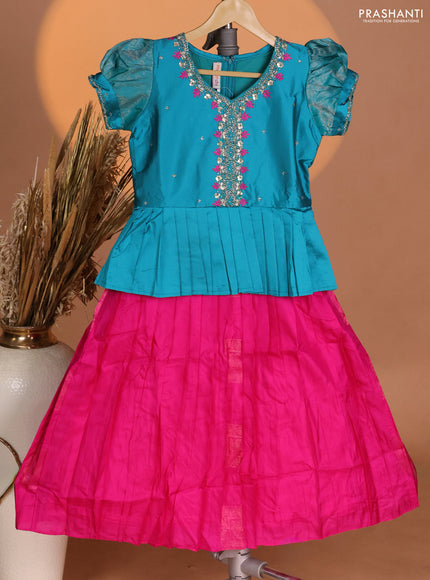 Silk kids lehenga teal blue shade and pink with aari work neck pattern & puff sleeve and zari buttas & simple border