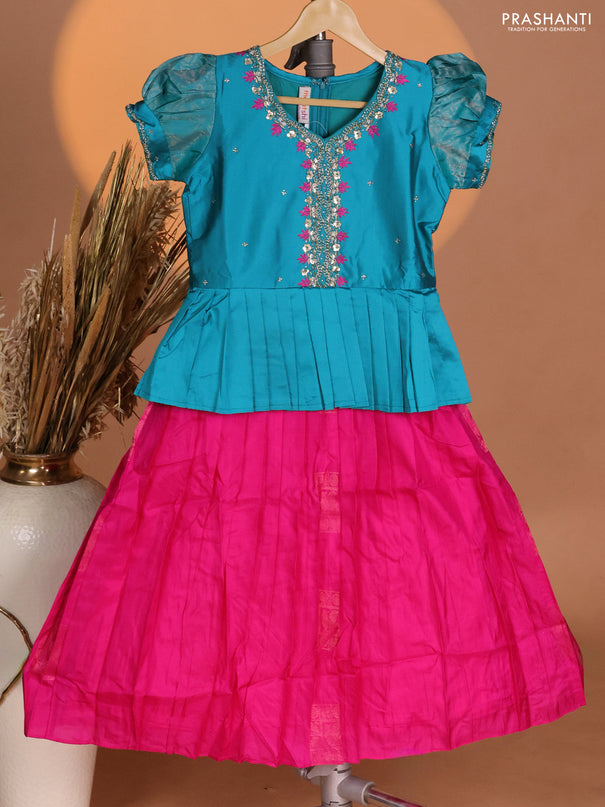 Silk kids lehenga teal blue shade and pink with aari work neck pattern & puff sleeve and zari buttas & simple border