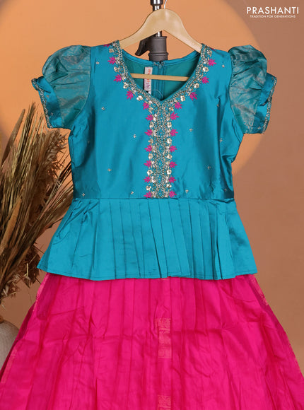 Silk kids lehenga teal blue shade and pink with aari work neck pattern & puff sleeve and zari buttas & simple border