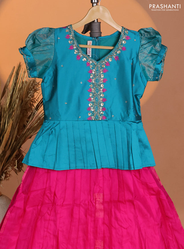 Silk kids lehenga teal blue shade and pink with aari work neck pattern & puff sleeve and zari buttas & simple border