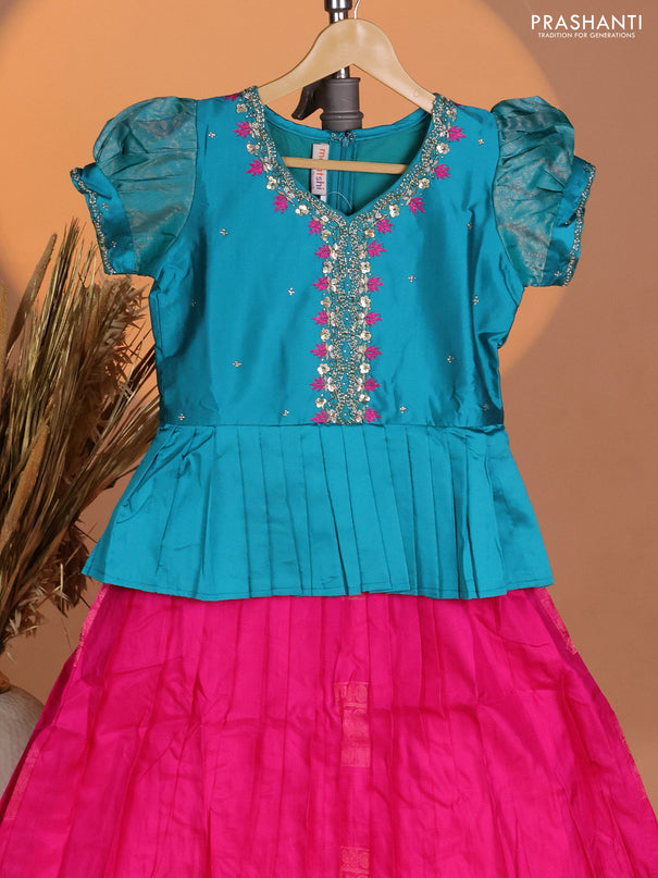 Silk kids lehenga teal blue shade and pink with aari work neck pattern & puff sleeve and zari buttas & simple border