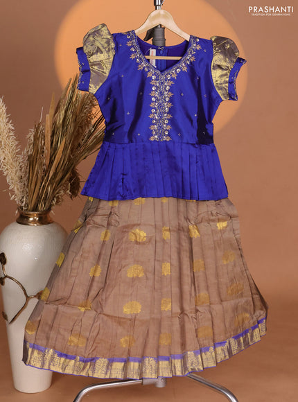 Silk kids lehenga blue and chikku shade with aari work neck pattern & puff sleeve and zari weaves & zari woven border