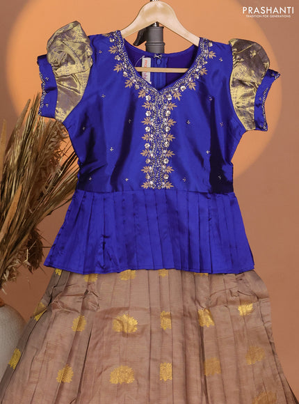 Silk kids lehenga blue and chikku shade with aari work neck pattern & puff sleeve and zari weaves & zari woven border