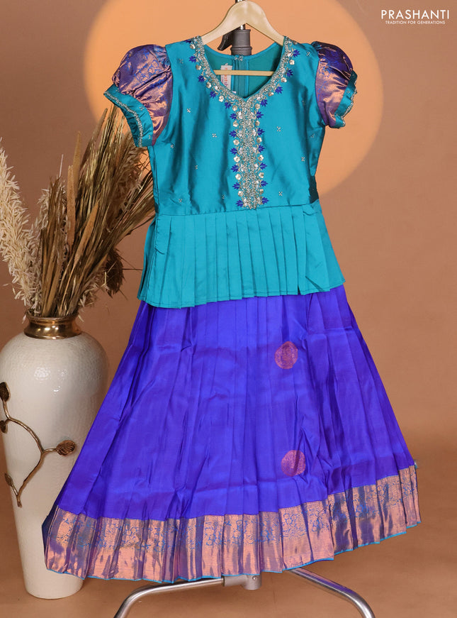 Silk kids lehenga teal green shade and blue with aari work neck pattern & puff sleeve and zari buttas & zari woven border