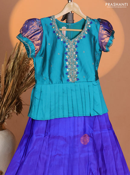 Silk kids lehenga teal green shade and blue with aari work neck pattern & puff sleeve and zari buttas & zari woven border