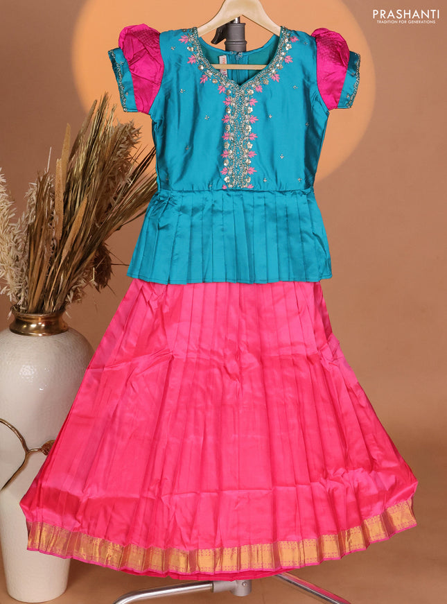 Silk kids lehenga teal green shade and pink with aari work neck pattern & puff sleeve and zari buttas & simple border
