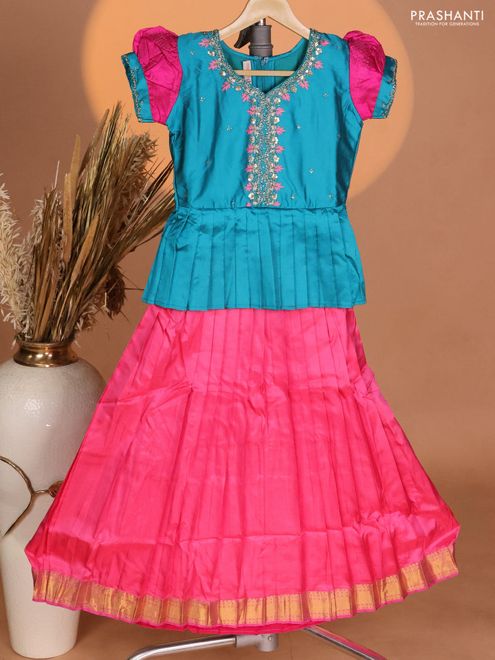 Silk kids lehenga teal green shade and pink with aari work neck pattern & puff sleeve and zari buttas & simple border