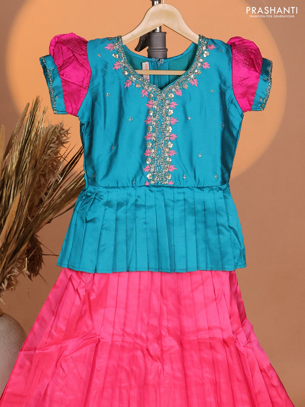 Silk kids lehenga teal green shade and pink with aari work neck pattern & puff sleeve and zari buttas & simple border