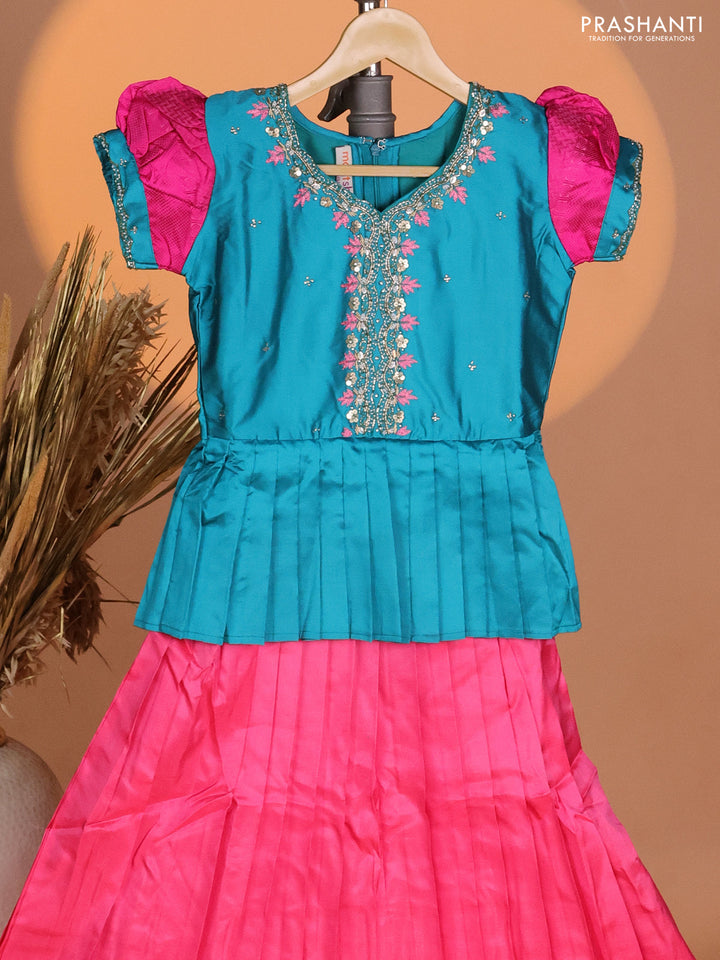Silk kids lehenga teal green shade and pink with aari work neck pattern & puff sleeve and zari buttas & simple border