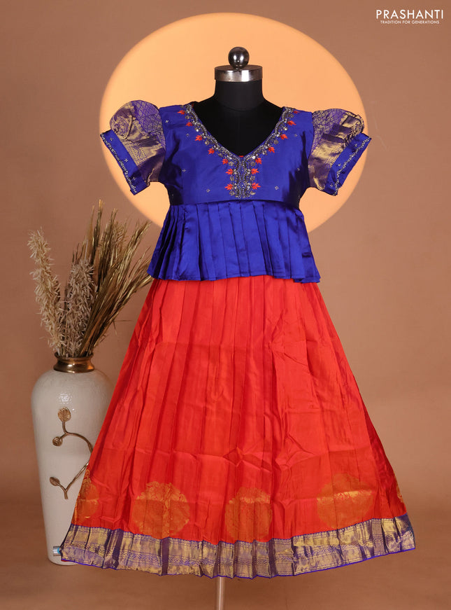 Silk kids lehenga blue and rustic orange with aari work neck pattern & puff sleeve and zari buttas & simple border
