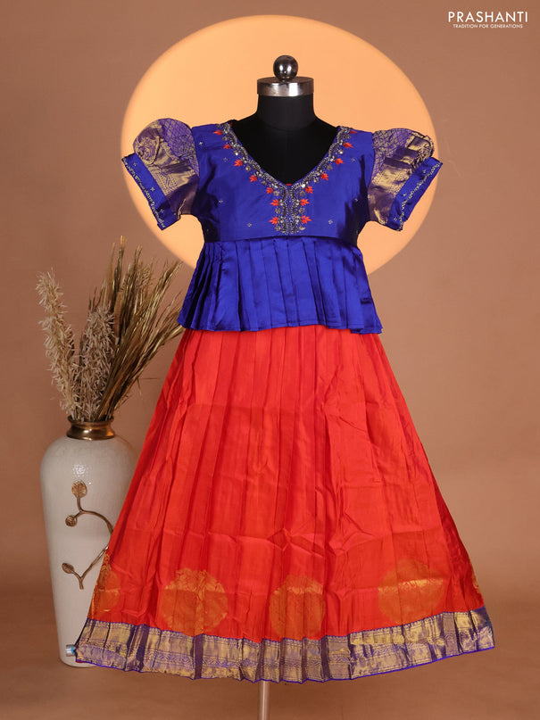 Silk kids lehenga blue and rustic orange with aari work neck pattern & puff sleeve and zari buttas & simple border