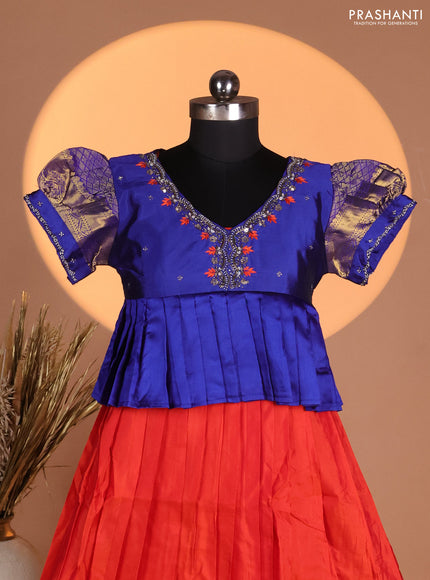 Silk kids lehenga blue and rustic orange with aari work neck pattern & puff sleeve and zari buttas & simple border