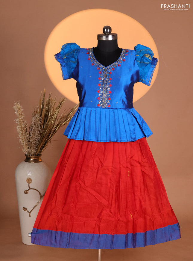 Silk kids lehenga blue and red with aari work neck pattern & puff sleeve and zari buttas & simple border
