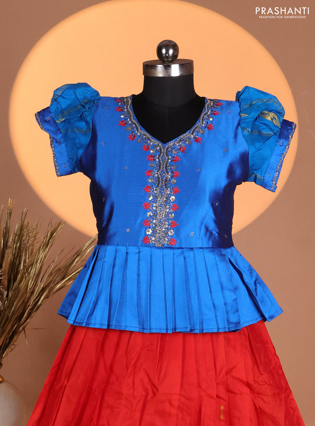 Silk kids lehenga blue and red with aari work neck pattern & puff sleeve and zari buttas & simple border