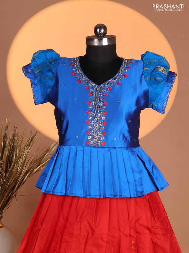 Silk kids lehenga blue and red with aari work neck pattern & puff sleeve and zari buttas & simple border