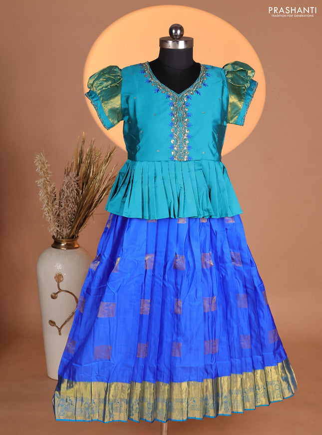 Silk kids lehenga teal blue shade and blue with aari work neck pattern & puff sleeve and zari buttas & zari woven border
