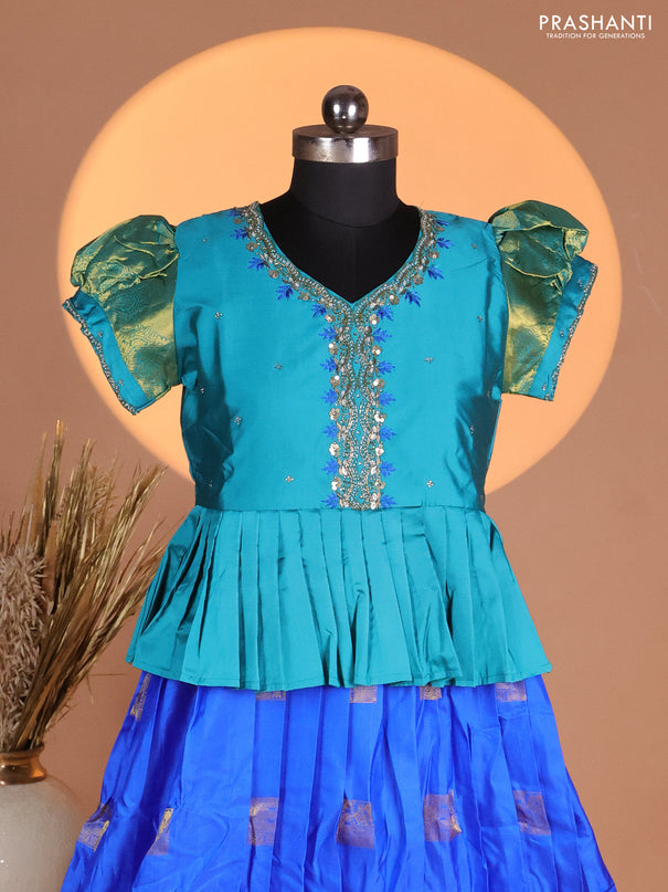 Silk kids lehenga teal blue shade and blue with aari work neck pattern & puff sleeve and zari buttas & zari woven border