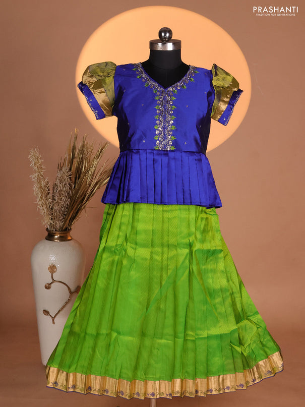 Silk kids lehenga blue and light green with aari work neck pattern & puff sleeve and allover self emboss & zari woven border