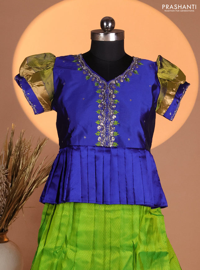 Silk kids lehenga blue and light green with aari work neck pattern & puff sleeve and allover self emboss & zari woven border