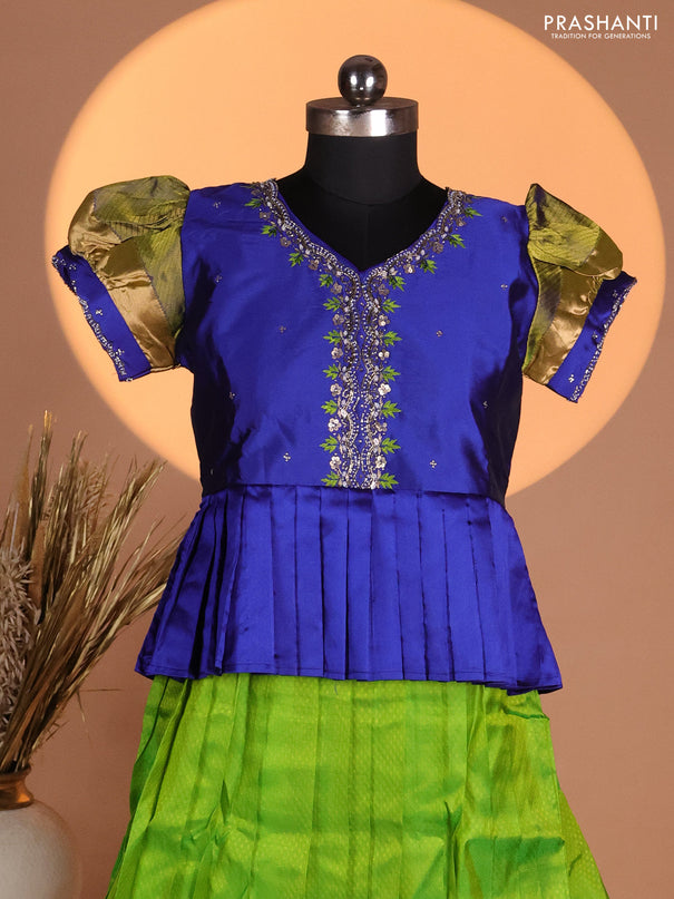 Silk kids lehenga blue and light green with aari work neck pattern & puff sleeve and allover self emboss & zari woven border