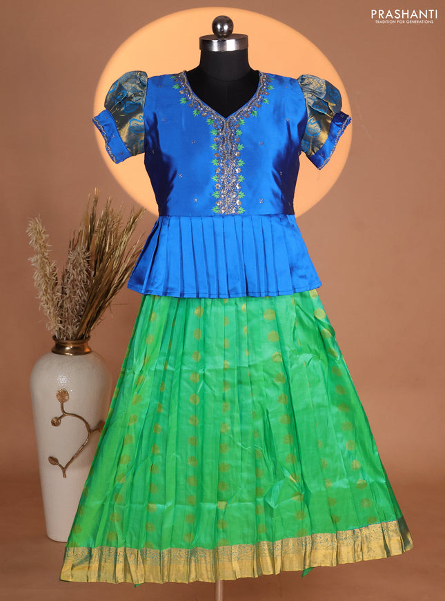 Silk kids lehenga blue and green with aari work neck pattern & puff sleeve and zari buttas & zari woven border