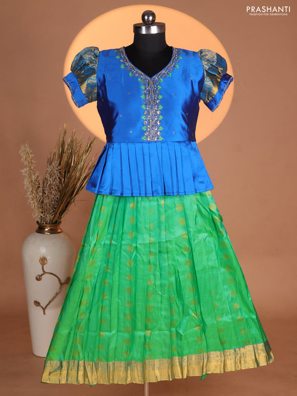 Silk kids lehenga blue and green with aari work neck pattern & puff sleeve and zari buttas & zari woven border