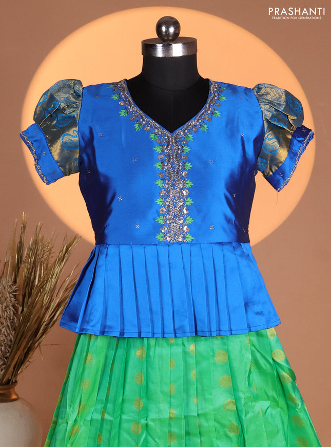 Silk kids lehenga blue and green with aari work neck pattern & puff sleeve and zari buttas & zari woven border