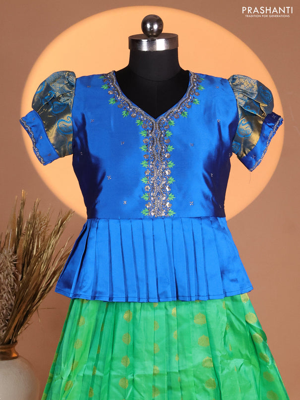 Silk kids lehenga blue and green with aari work neck pattern & puff sleeve and zari buttas & zari woven border