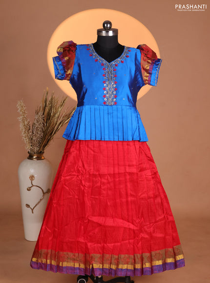Silk kids lehenga blue and red with aari work neck pattern & puff sleeve and allover self emboss & zari woven border