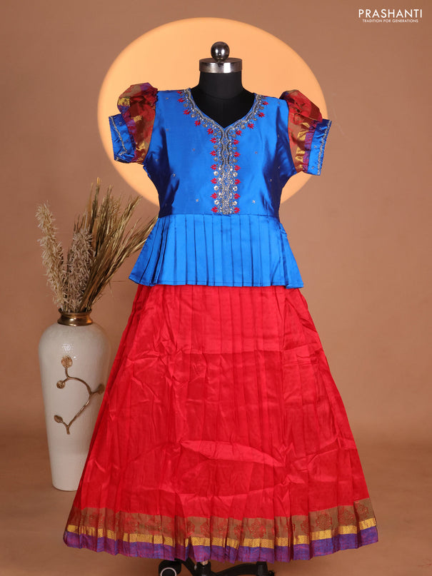 Silk kids lehenga blue and red with aari work neck pattern & puff sleeve and allover self emboss & zari woven border