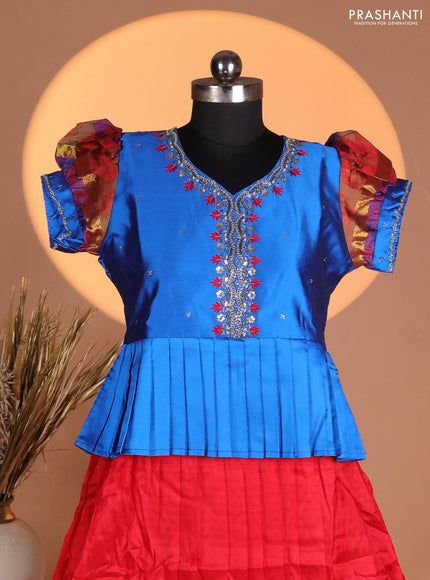 Silk kids lehenga blue and red with aari work neck pattern & puff sleeve and allover self emboss & zari woven border