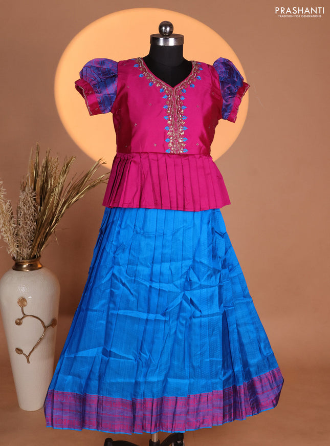 Silk kids lehenga magenta pink and cs blue with aari work neck pattern & puff sleeve and allover self emboss & zari woven border