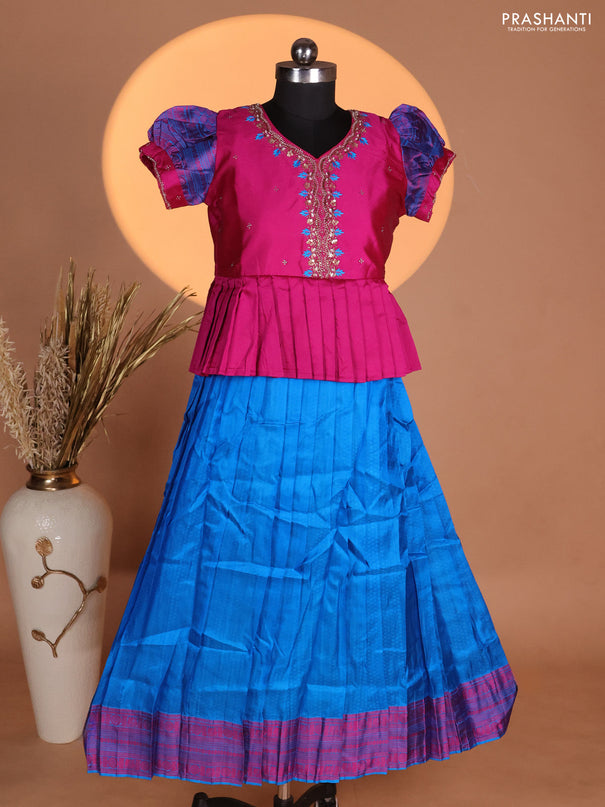 Silk kids lehenga magenta pink and cs blue with aari work neck pattern & puff sleeve and allover self emboss & zari woven border