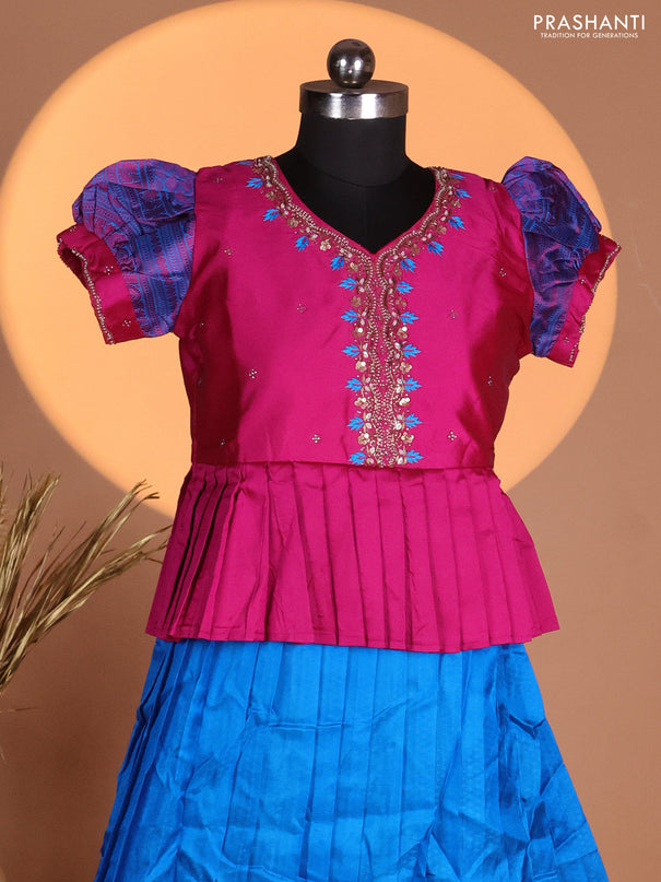 Silk kids lehenga magenta pink and cs blue with aari work neck pattern & puff sleeve and allover self emboss & zari woven border