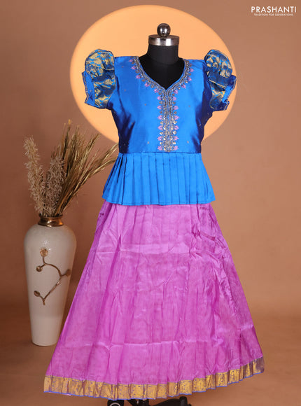 Silk kids lehenga cs blue and lavender with aari work neck pattern & puff sleeve and allover self emboss & zari woven border