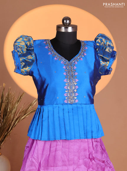 Silk kids lehenga cs blue and lavender with aari work neck pattern & puff sleeve and allover self emboss & zari woven border