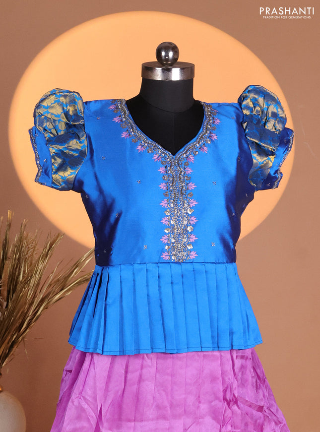 Silk kids lehenga cs blue and lavender with aari work neck pattern & puff sleeve and allover self emboss & zari woven border