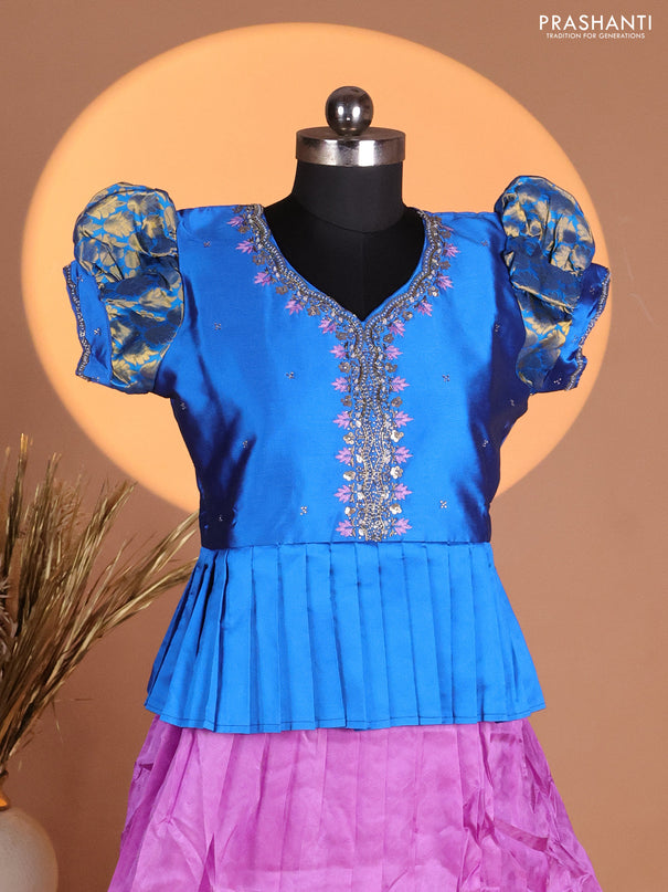 Silk kids lehenga cs blue and lavender with aari work neck pattern & puff sleeve and allover self emboss & zari woven border