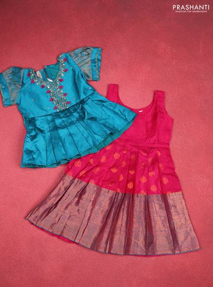 Silk kids lehenga teal blue and pink with aari work neck pattern & puff sleeve and copper zari buttas & zari woven border