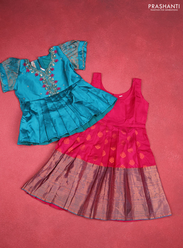 Silk kids lehenga teal blue and pink with aari work neck pattern & puff sleeve and copper zari buttas & zari woven border