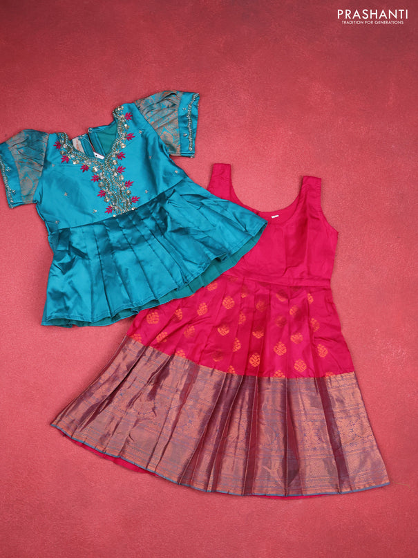 Silk kids lehenga teal blue and pink with aari work neck pattern & puff sleeve and copper zari buttas & zari woven border