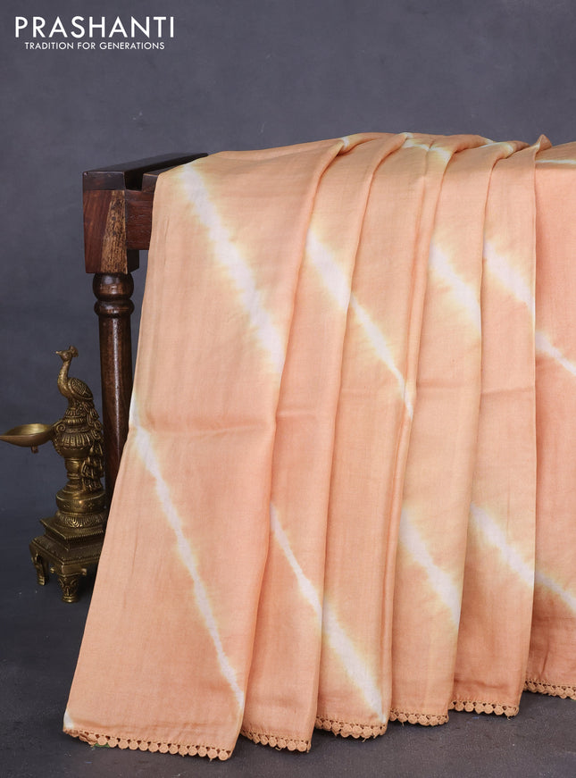 Pure tussar silk saree sandal shade and teal blue with allover tie & dye prints and kalamkari prints & cut work pallu